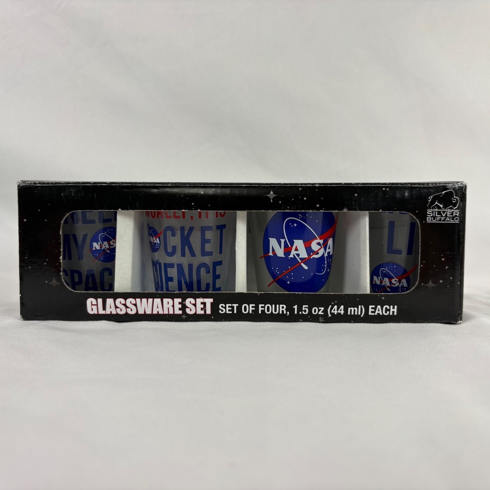Silver Buffalo NASA Shot Glass Set Unisex 1.5oz Space Rocket Science Blue Clear